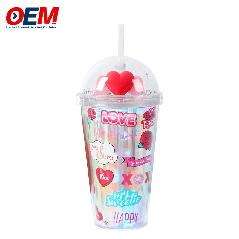 Custom PP Double Wall Cup With Straw OEM Sweet Heart 450ml plastikowy kubek na wodę
